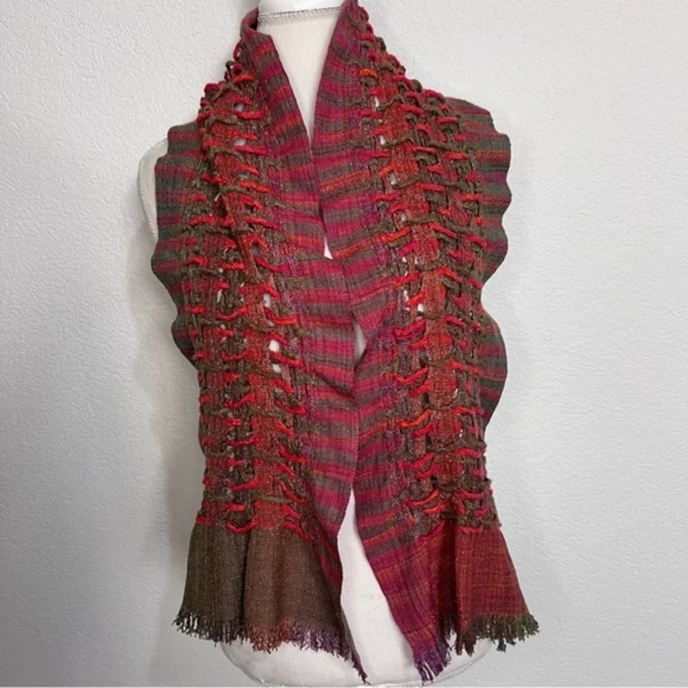 Weaved & Braided Multi Colored Raw Silk Scarf with Fringe Unisex